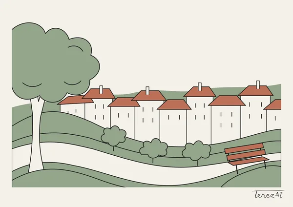 Ilustrace s plochými barvami: vlevo velký strom s kulatou korunou, uprostřed řada domů s červenými střechami na zvlněném zeleném kopci a vpravo prázdná červená lavička na bílé pěšině.