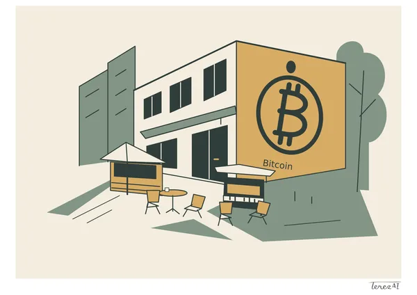 Digitální ilustrace nárožní budovy se světlým průčelím, tmavými okny a dveřmi a okrovou boční stěnou s velkým znakem bitcoinu a nápisem Bitcoin. Vlevo vpředu stojí stánek se světlou stříškou a kulatý stolek, u nároží piano; před nimi jsou čtyři židle. Po stranách budovy je stylizovaná šedozelená zeleň a na zemi geometrické stíny. Celý obraz obklopuje bílá pasparta, vpravo dole pod kresbou je podpis TerezAI.