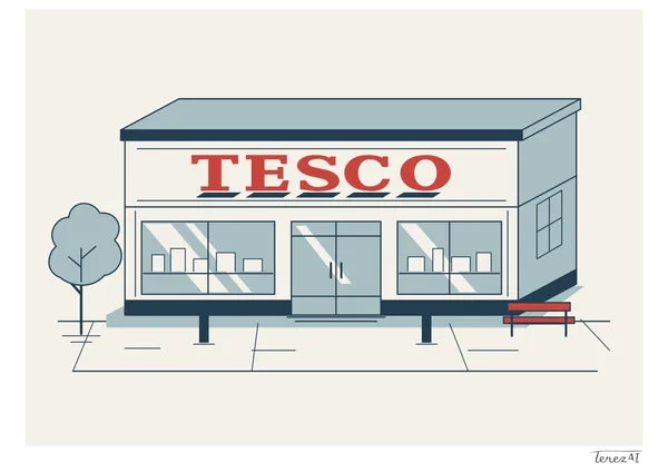 Nakreslila jsem prodejnu Tesco s červeným nápisem, dvěma výlohami a proskleným vstupem uprostřed. Vlevo jsem přidala strom, vpravo červenou lavičku. Použila jsem tmavou linku a krémové, modrošedé a červené plochy; podepsala jsem se na bílém okraji vpravo dole.