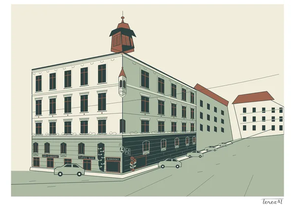 Nakreslila jsem světlý nárožní dům s Café Sladkovský v přízemí, tmavě zelenými okny a cihlově červenou věžičkou. Vpravo jsem zachytila ulici stoupající kolem zaparkovaných aut. Použila jsem jemnou tmavou linku a krémové, šalvějově zelené a cihlové plochy; podepsala jsem se na bílém okraji vpravo dole.